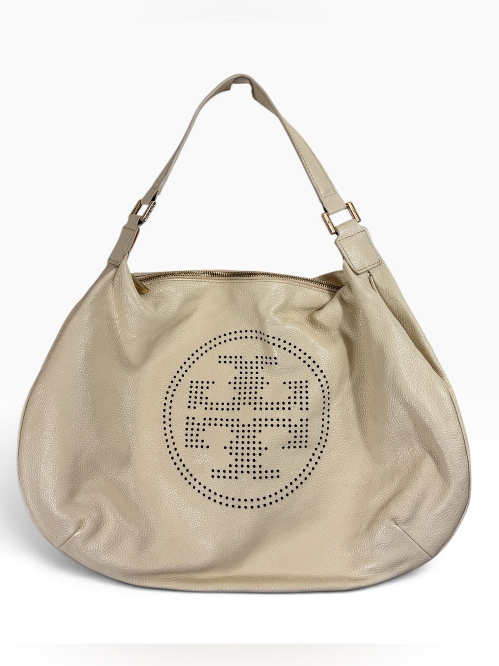 Tory Burch Cream Miller Perforated Logo Hobo Shoulder Bag Large